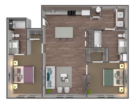 A 3D floor plan of a house with labeled rooms.